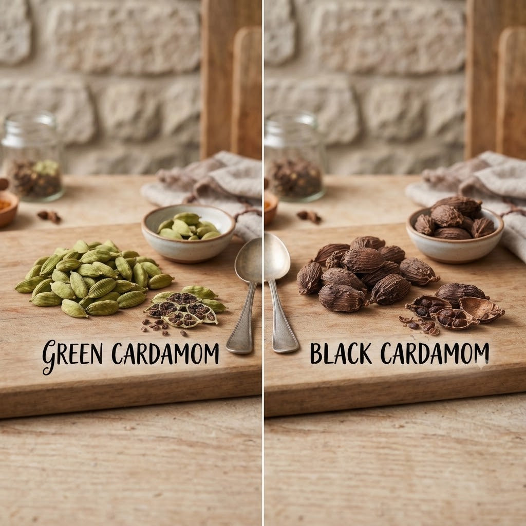 Green cardamom pods and black cardamom pods side by side